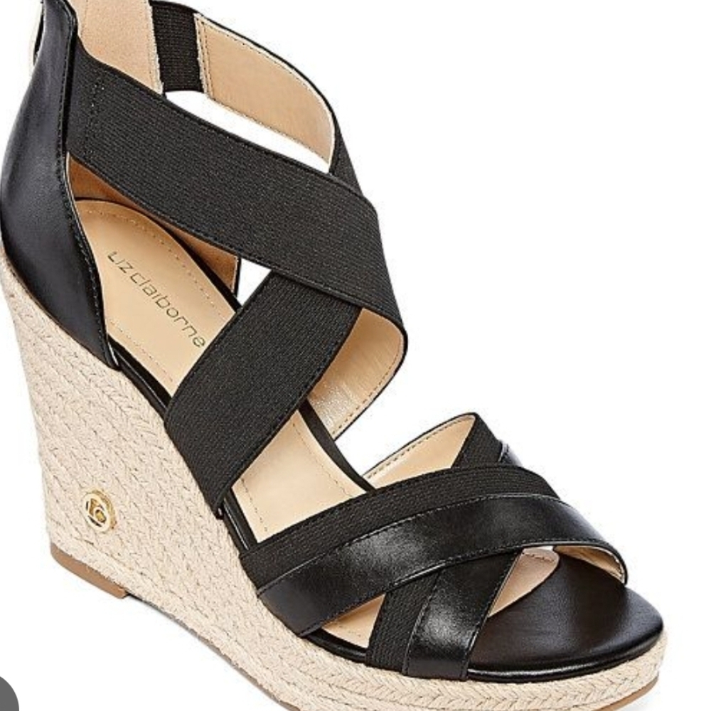 SOLD E Liz Claiborne Black Wedge Sandals